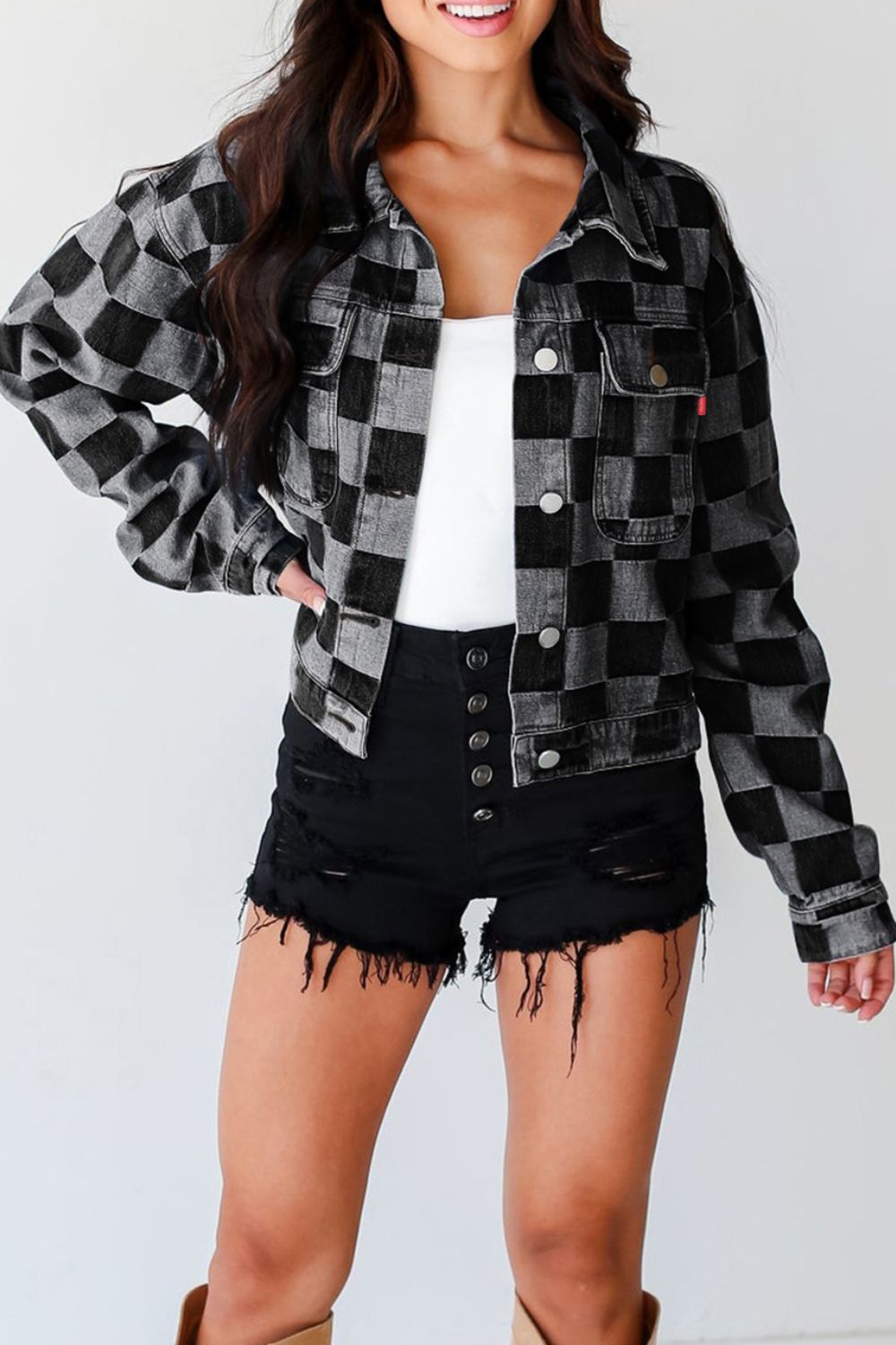 Alicia® | Checked denim jacket with buttons