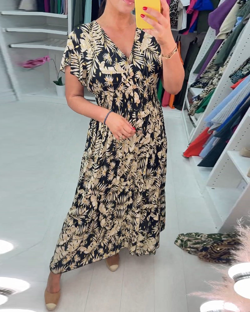 Beatriz® | Short sleeve V-neck leaf print dress