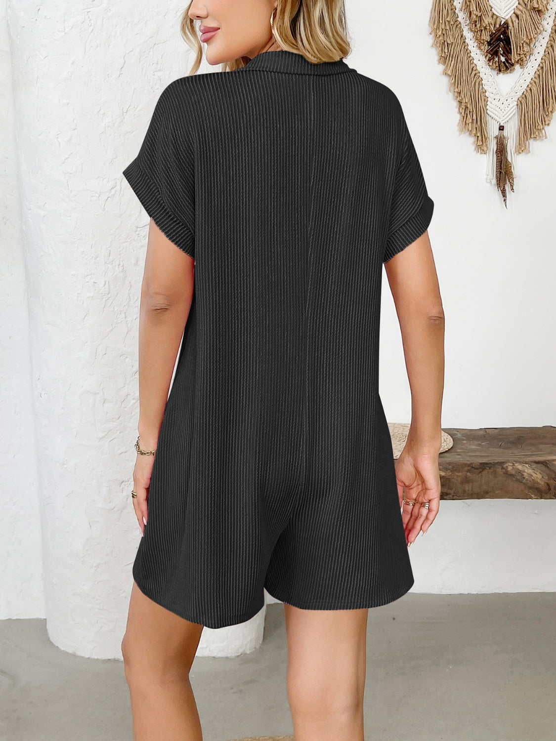 Camila® | Short sleeve romper with button detail and collar