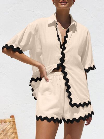 Azucena® | Set of top and shorts with contrast trim and half-length sleeves