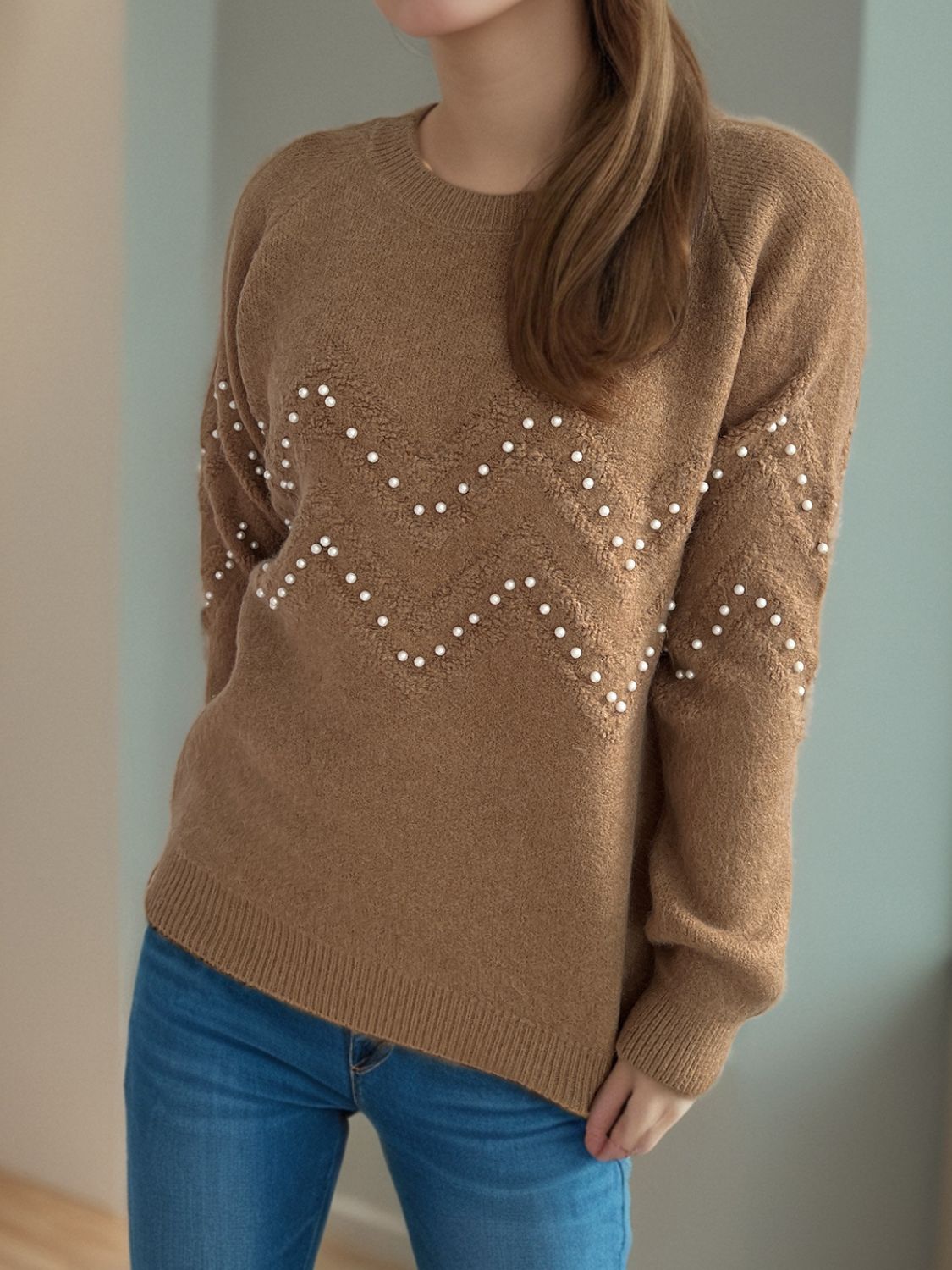 Concepcion® | Round neck sweater with raglan sleeves and pearl trim