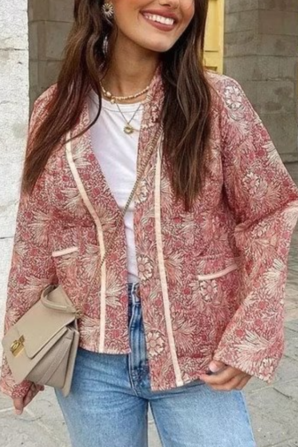 Edna® | Retro Print Loose V-Neck Cardigan Cotton Jacket
