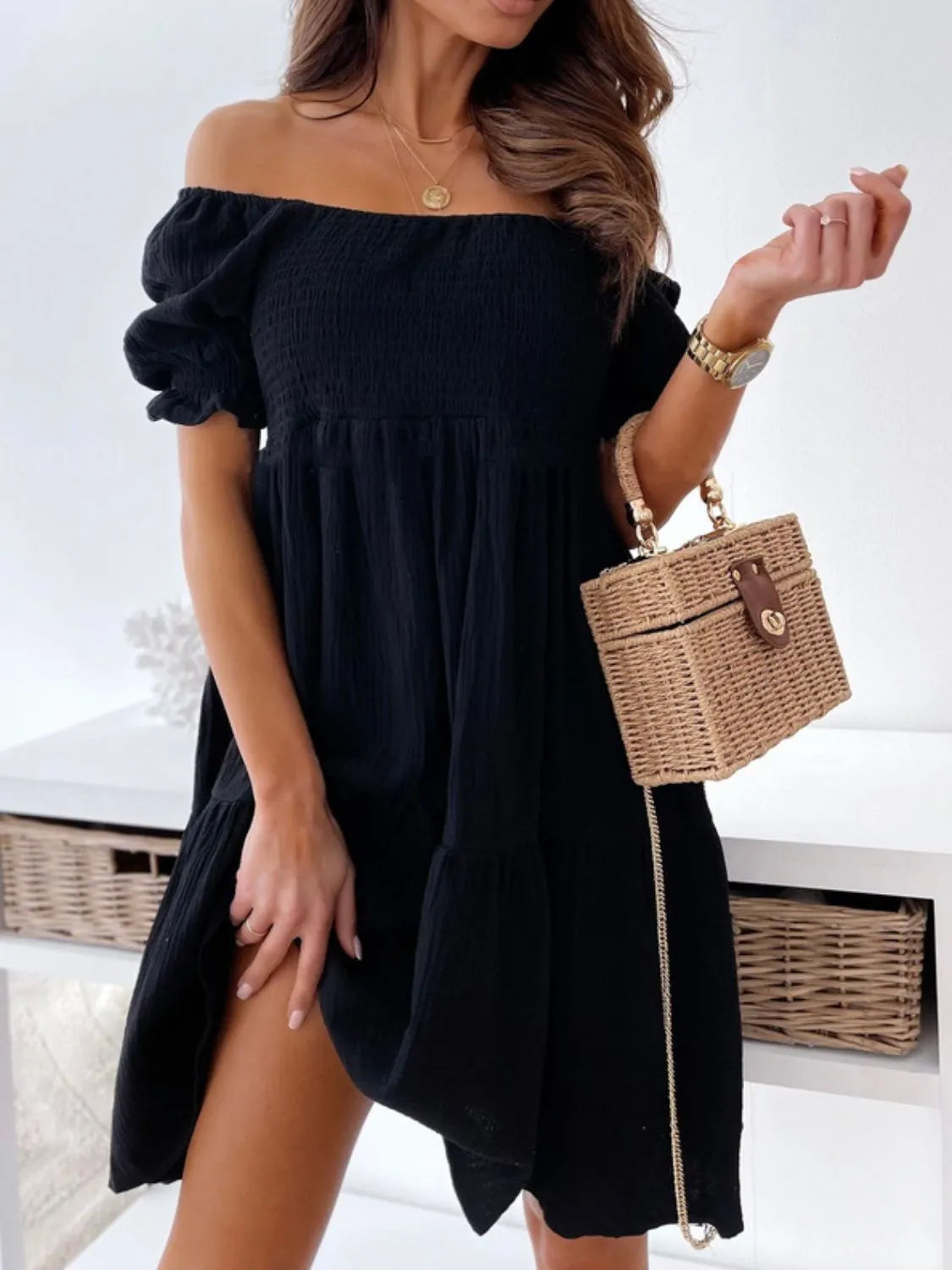 Clara® | Elegant Off-The-Shoulder Short-Sleeved Mini Dress