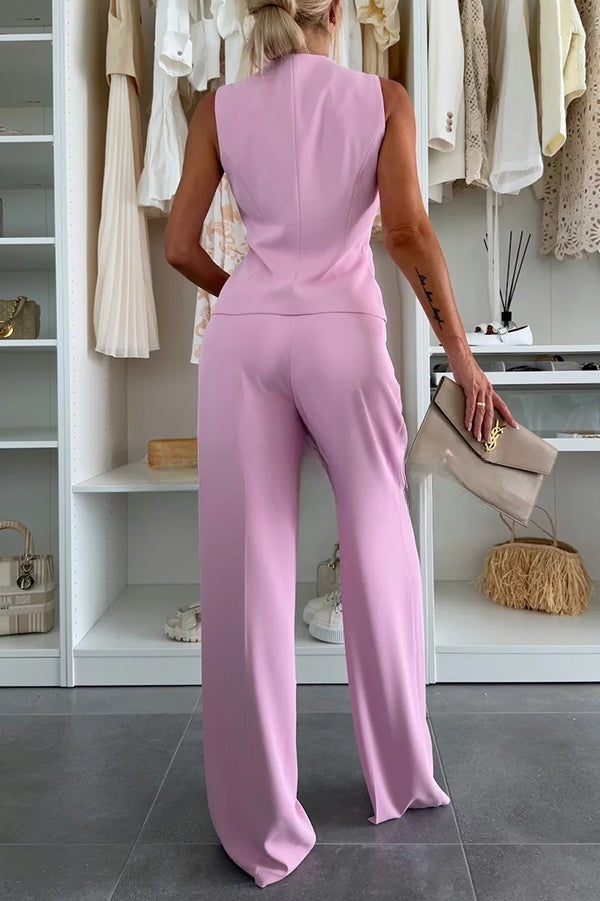 Dorotea® | Workplace Chic Sleeveless Button Vest and Relaxed Pocket Wide Leg Pants Set