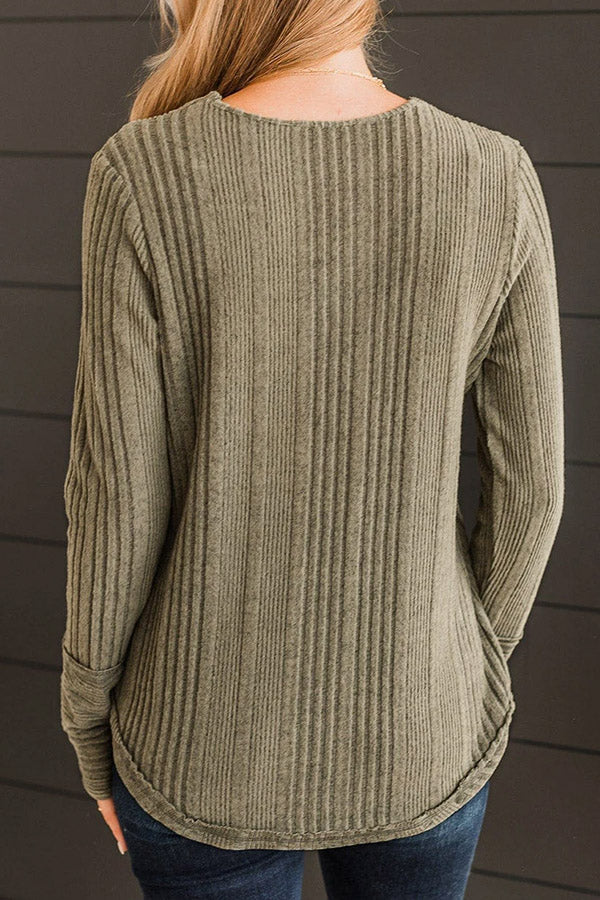 Carina® | Pickle Green V Neck Buttoned Ribbed Knit Top