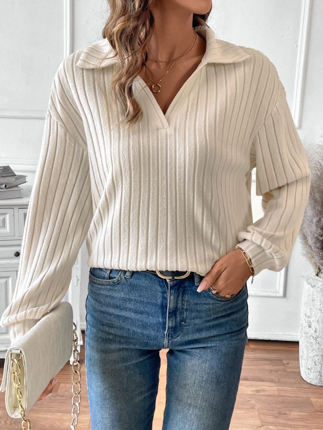 Charlotte® | Ribbed long sleeve t-shirt with Johnny collar