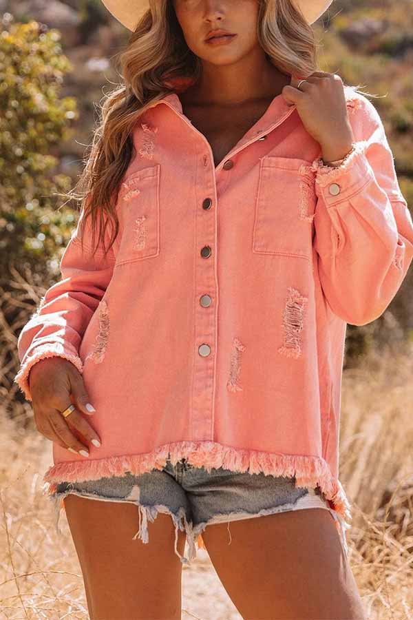 Danna® | Distressed Raw Hem Denim Jacket with Chest Pockets
