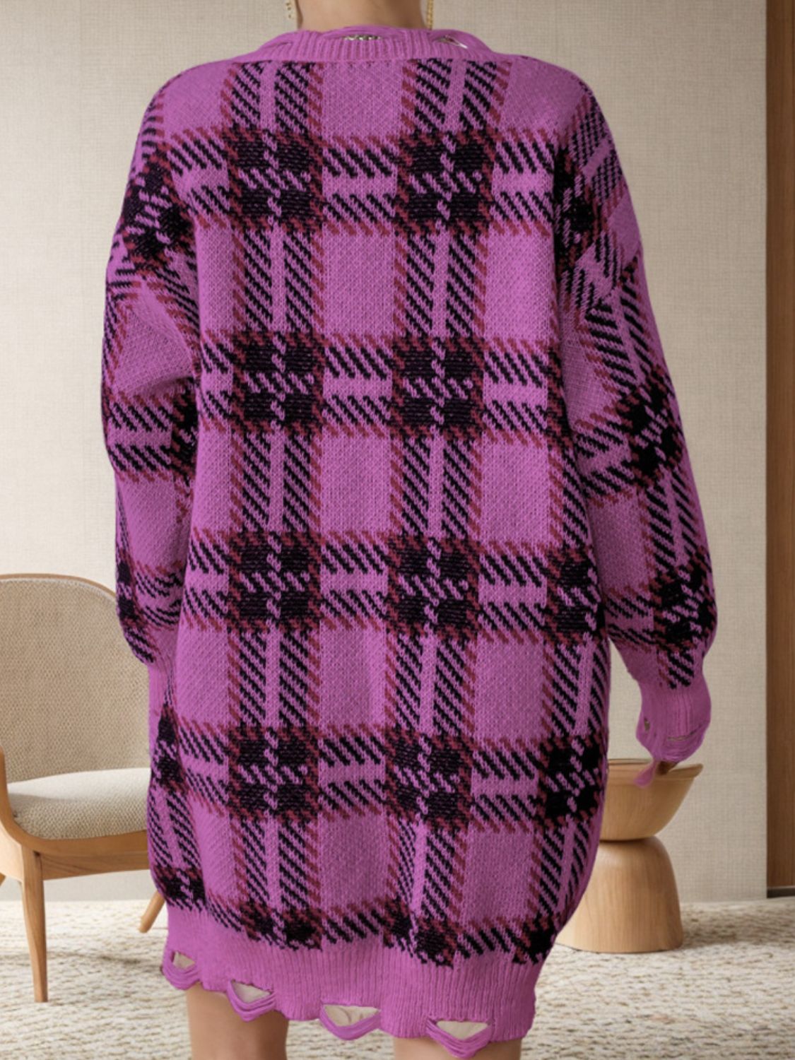 Annelie® | Long sleeve sweater dress with a distressed checked V-neck