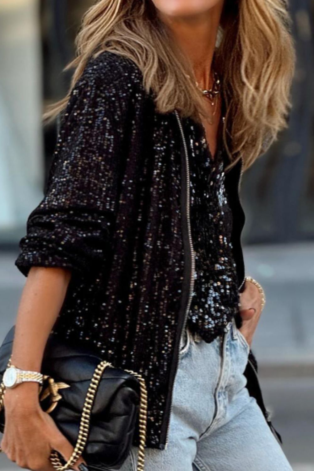 Elisa | Long sleeve jacket with sequins and zip