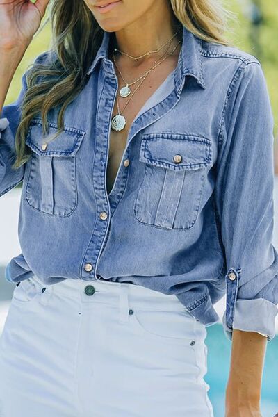 Carla® | Long sleeve denim top with pockets and collar