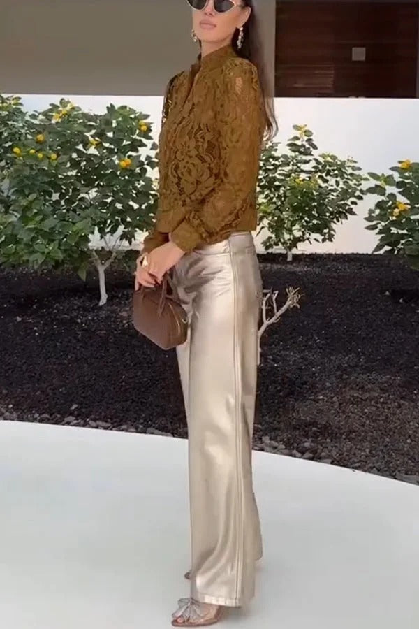 Daniela® | Palace Style Crochet Flower Lace Stand Neck Button Puff Sleeve Jacket