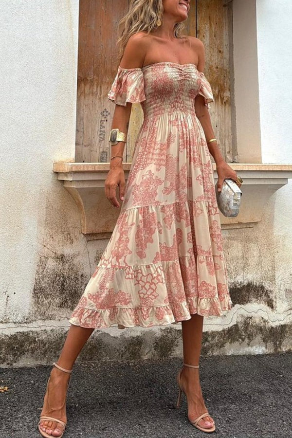 Alexandra® | Unique off shoulder smocked layered midi dress with ruffle sleeves