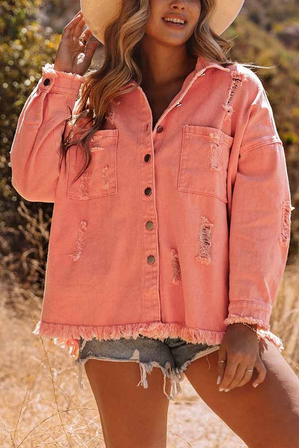 Danna® | Distressed Raw Hem Denim Jacket with Chest Pockets
