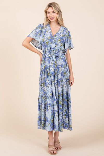 Dana® | Tiered floral dress with tie waist and flutter sleeves