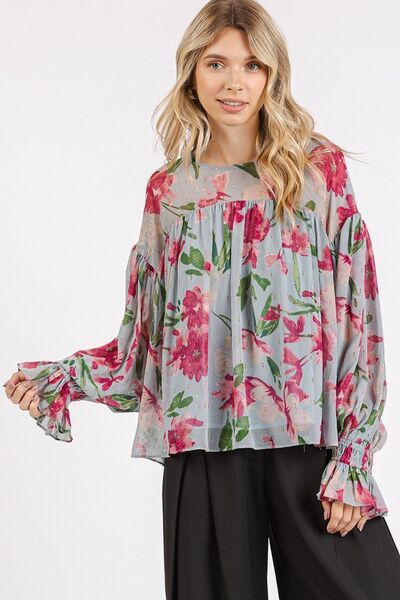 Cristina® | Floral blouse with flounced sleeves and a round neckline