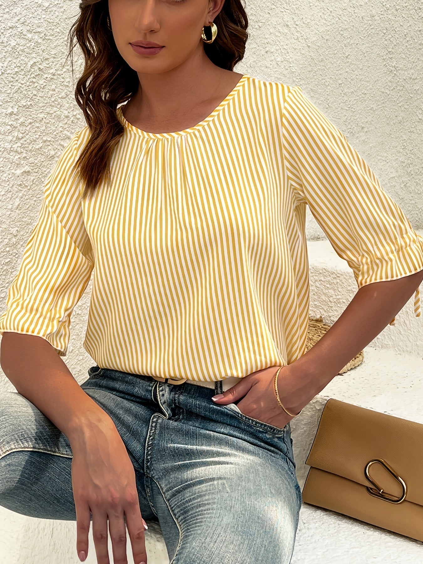 Brena® | Elegant Striped Blouse With A Round Neck And Button Details