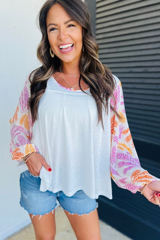 Cordelia® | Women's printed patchwork sleeve crew neck top