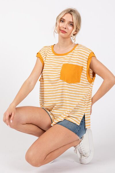 Elena® | Striped T-shirt with cap sleeves and side slit