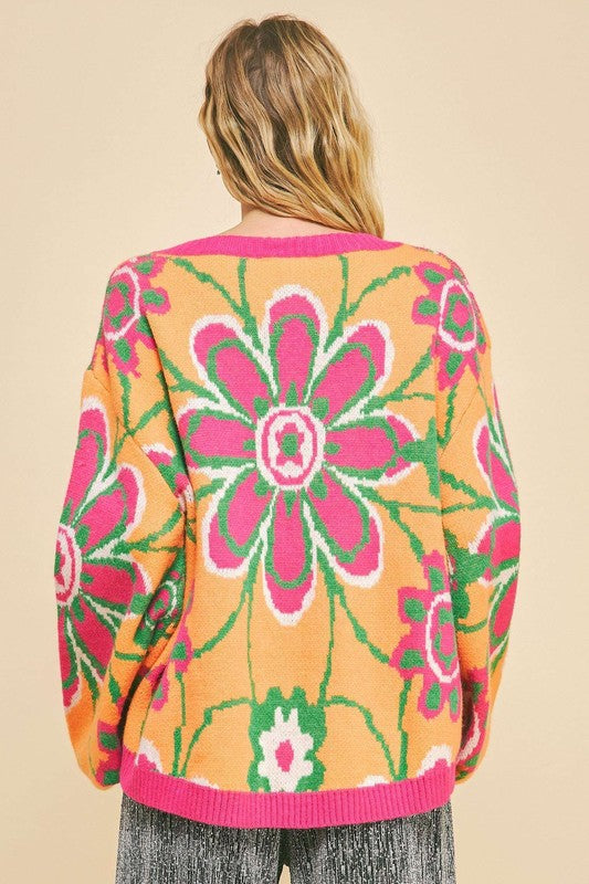 Dulce® | Floral contrast sweater with V-neck and dropped shoulder