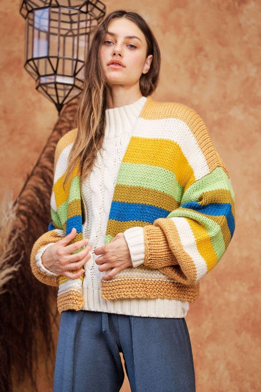 Clara® | Contrast striped, open front cardigan with lantern sleeves