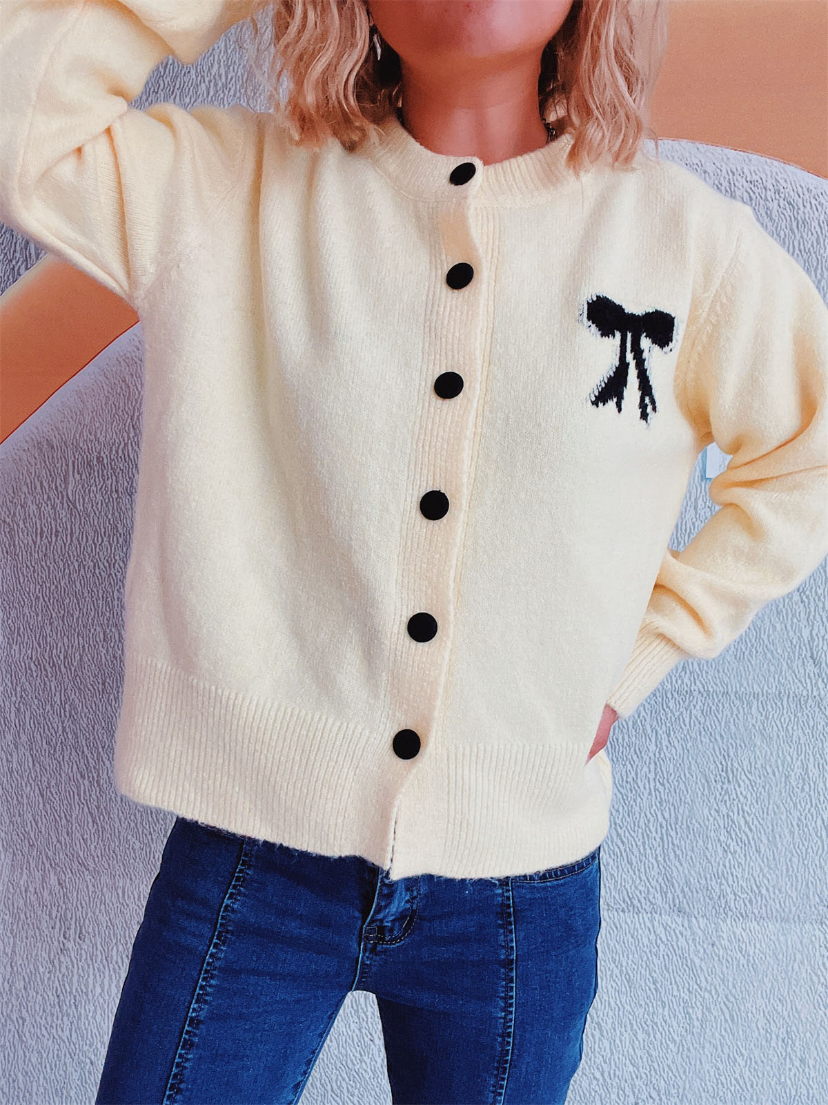 Beate® | Long-sleeved cardigan with bow and round neckline and buttons