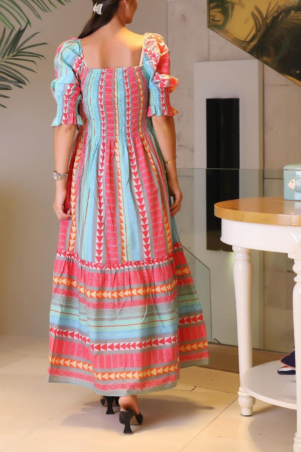 Brigitte® | Mint short sleeve patterned long gimped dress
