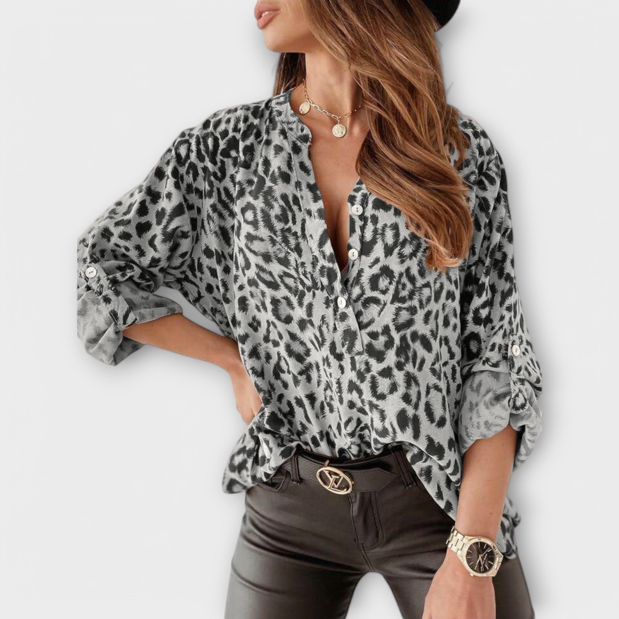 Navy | Stylish Blouse with Leopard Print