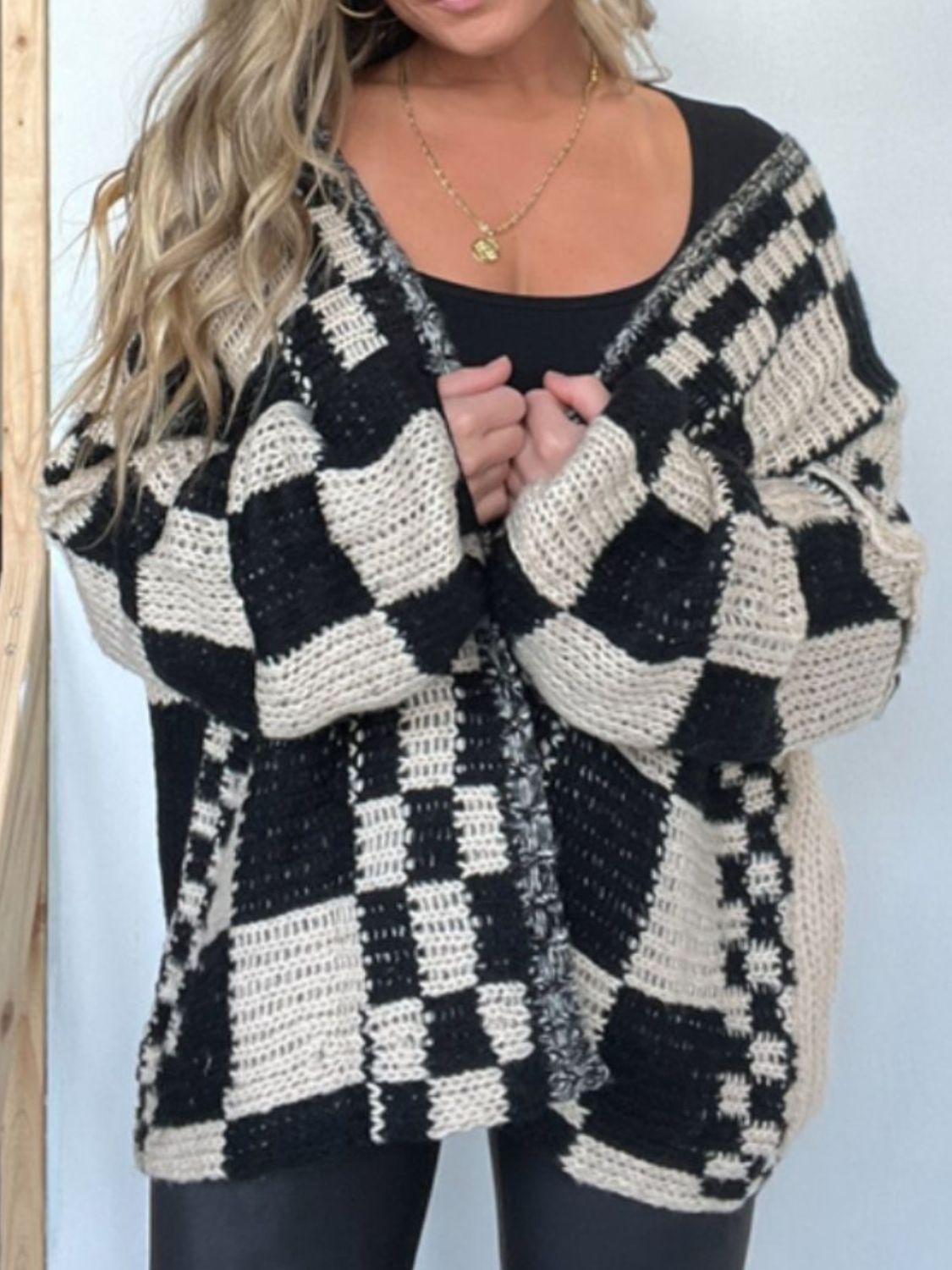 Celia® | Checked open front long sleeve cardigan