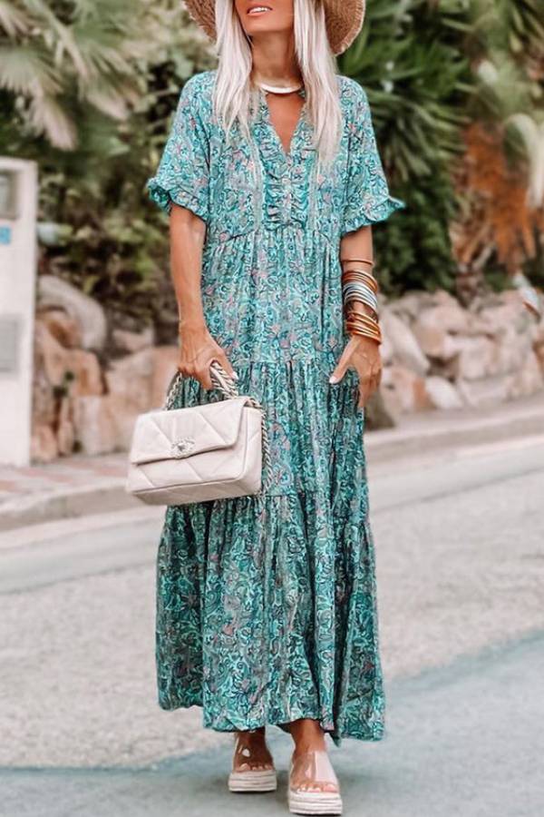Camila® | Sky blue tiered boho maxi dress with paisley print and split V-neck