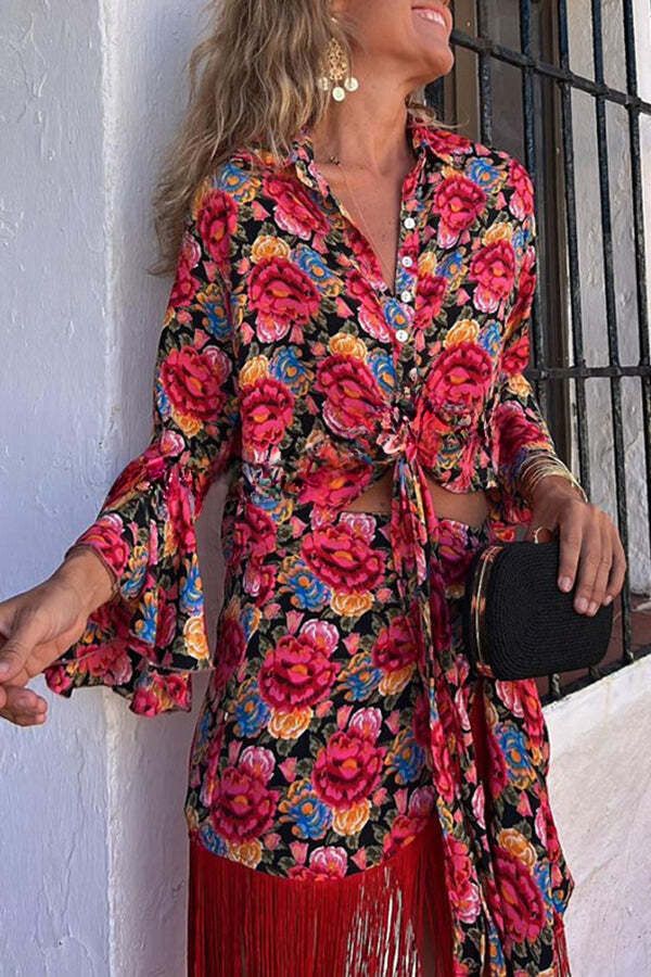 Denise® | Grace Given shirt with floral ruffles, bell sleeves and buttons at the waist