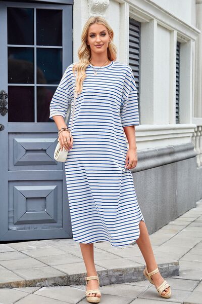 Cora® | Contrast striped midi t-shirt dress with half sleeves
