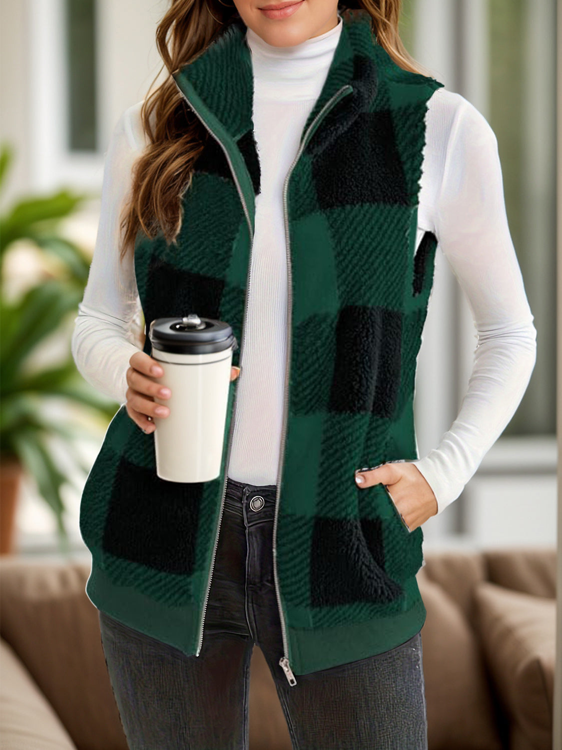 Anja® | Full size checked vest coat with pockets