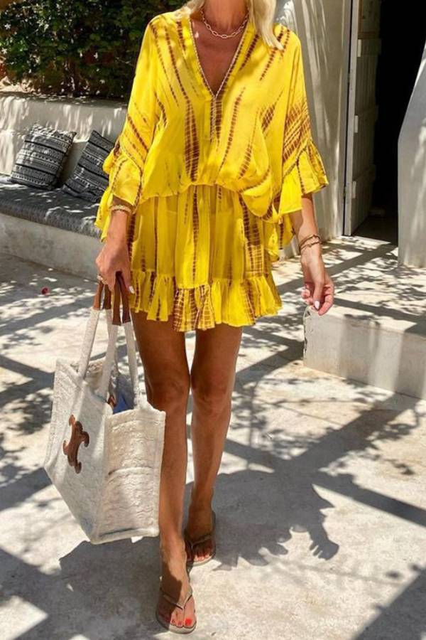 Clara® | Lemon flavor tie-dye ruffle kaftan mini dress with batwing sleeves and elastic waist