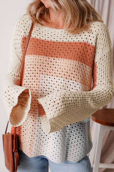 Ava® | Openwork, long-sleeved sweater with a color block design
