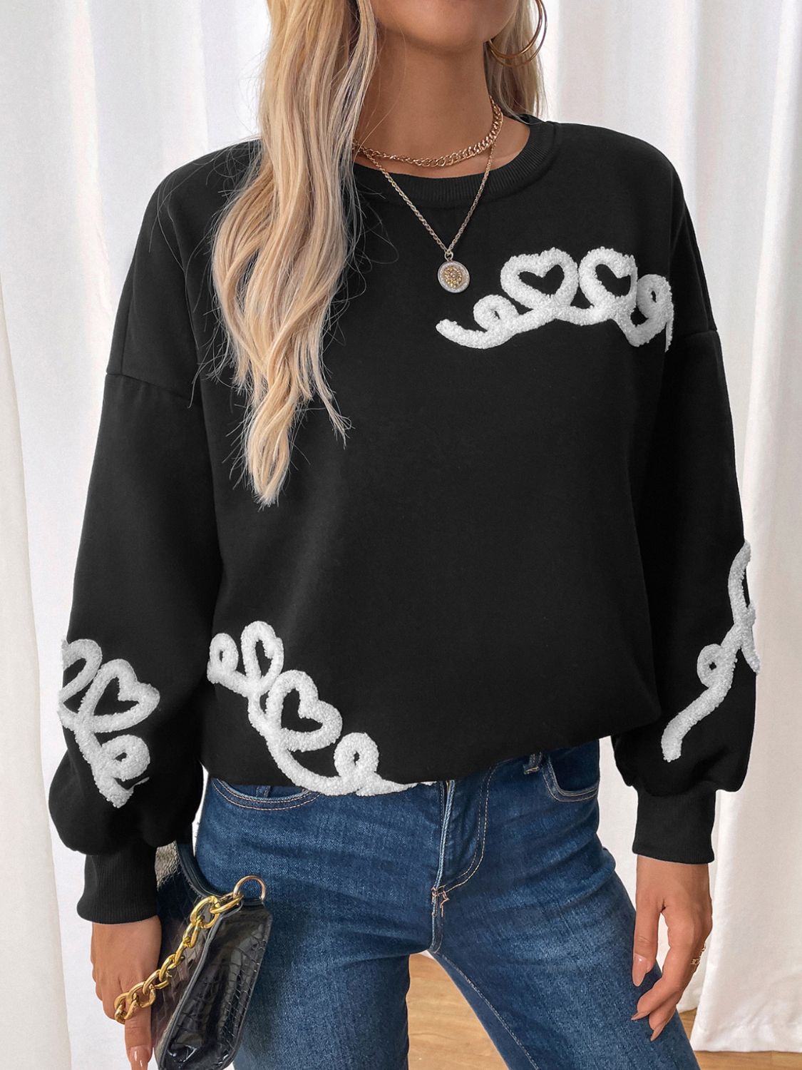 Carla® | Perfee Heart crew neck long sleeve sweater