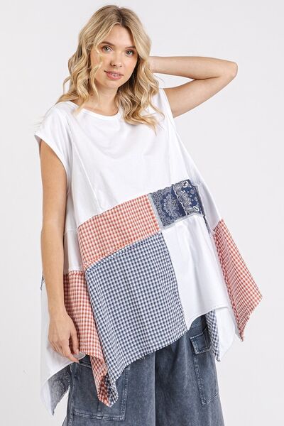 Elena® | Patchwork top with a crew neck and cap sleeves in a mineral wash