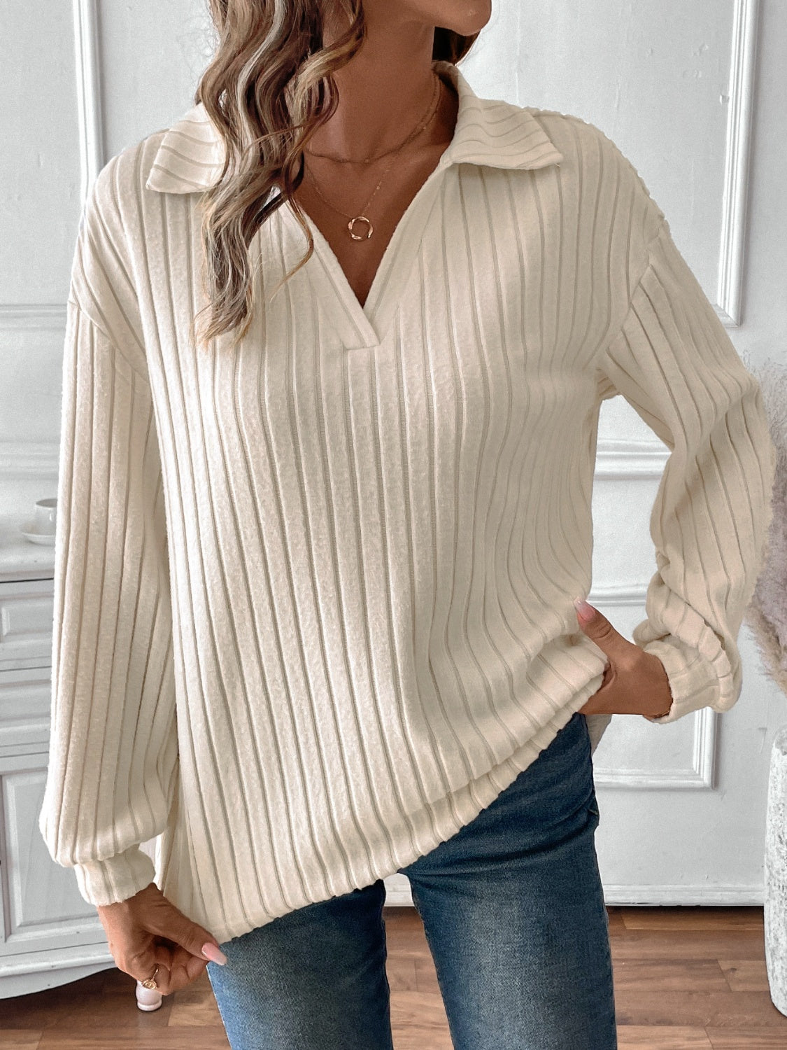 Charlotte® | Ribbed long sleeve t-shirt with Johnny collar