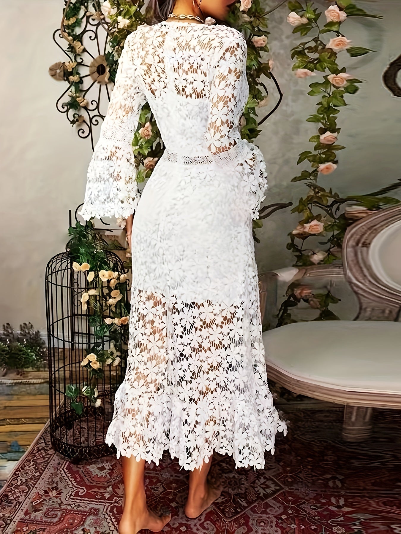 Adeltrudis® | Cotton Guipure Lace V-Neck Long Sleeves Aprons Cocktail Festive Dress For Women