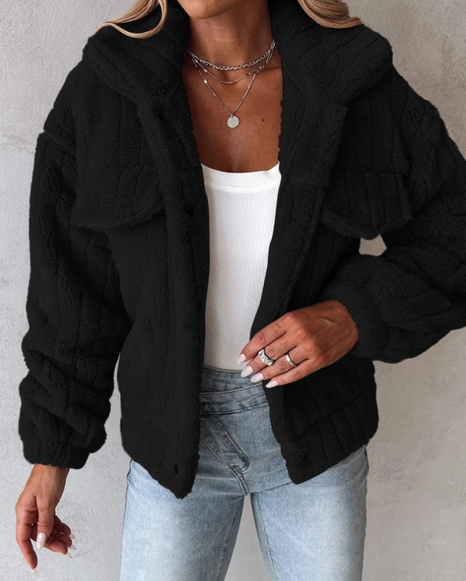 Women’s Teddy Coat – Oversized Fit – Plush Fuzzy Texture – Button Front – Chest Pockets