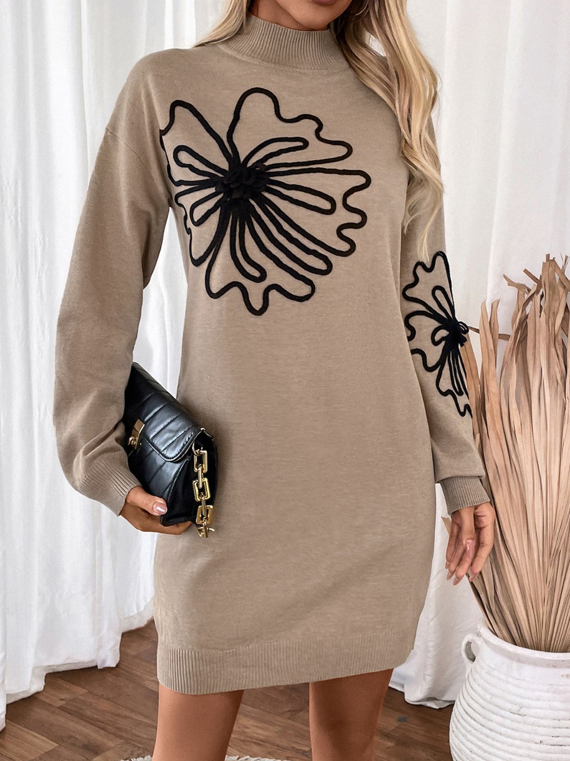 Cornelia® | Perfee floral sweater dress with stand-up collar and long sleeves