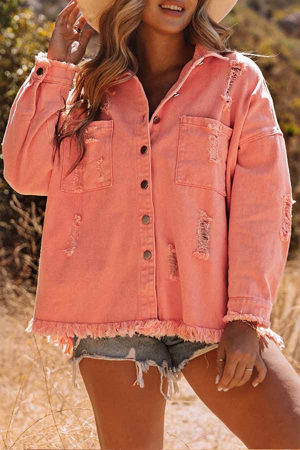 Danna® | Distressed Raw Hem Denim Jacket with Chest Pockets