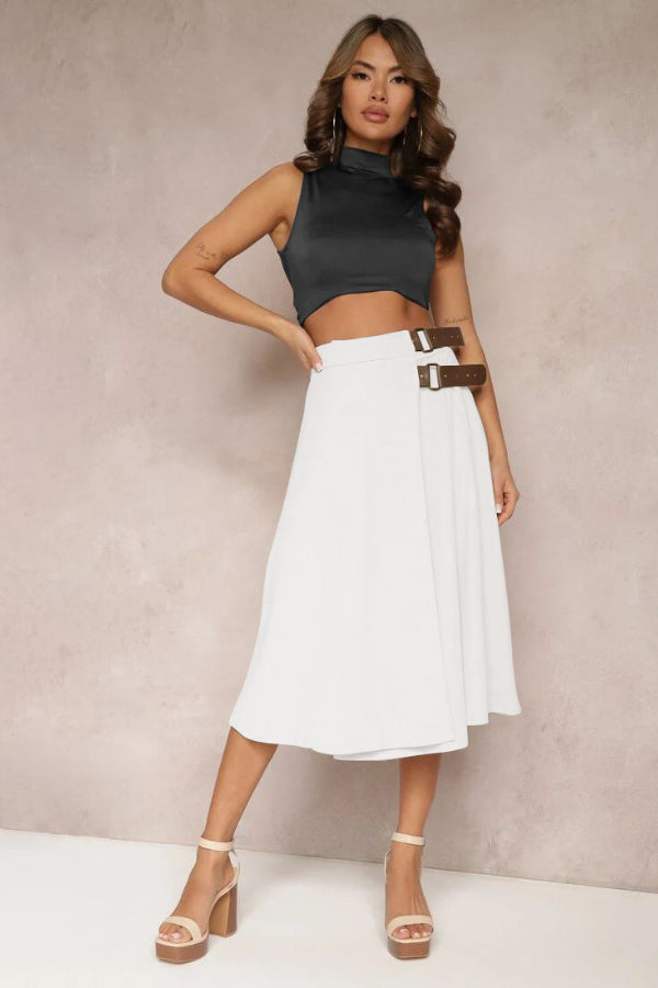 Angelica® | Solid color fashion skirt with leather stitching, elegant and artistic retro skirt for women