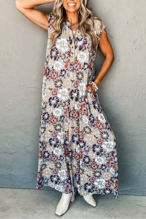 Chloe® | Sky blue sleeveless floral jumpsuit with pockets and wide legs