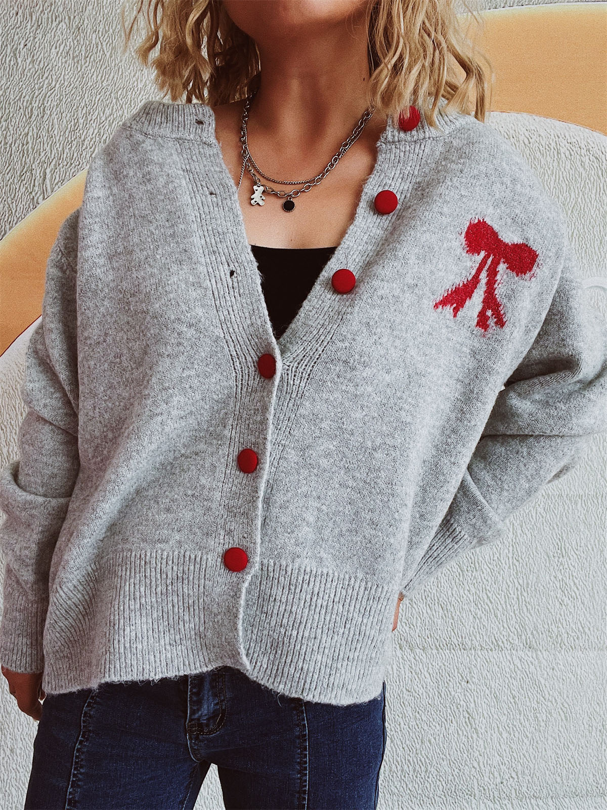 Beate® | Long-sleeved cardigan with bow and round neckline and buttons