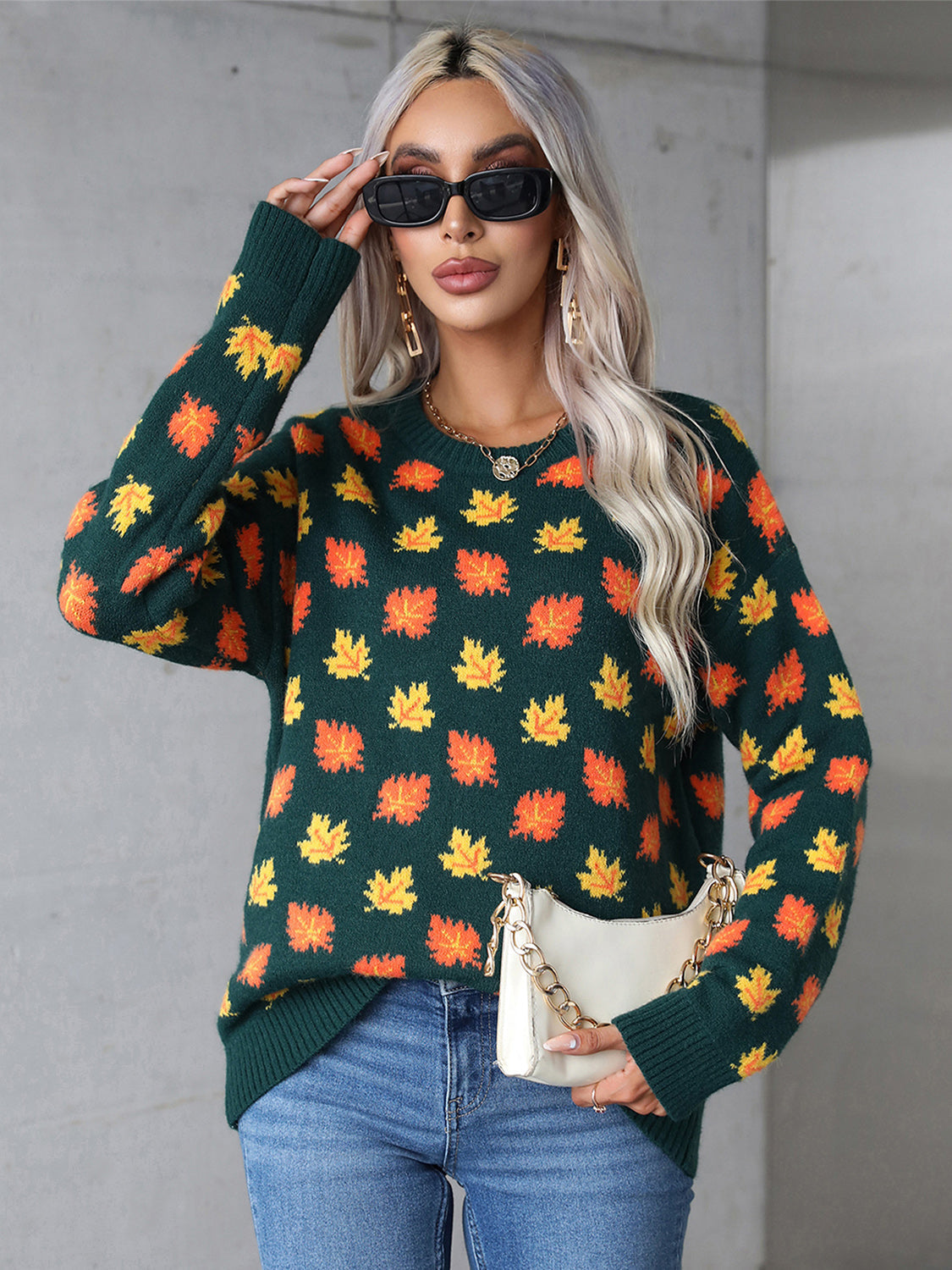 Araceli® | Maple leaf long sleeve crew neck sweater