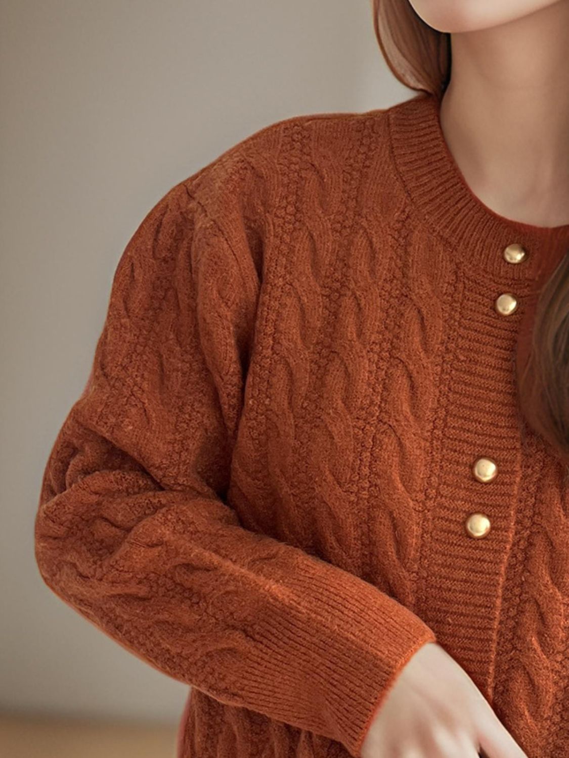 Cristina® | Cable knit cardigan with a crew neck and long sleeves