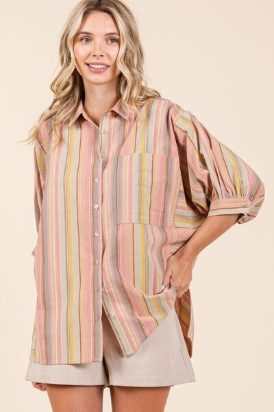 Brianna® | Striped button-down shirt with bubble sleeves
