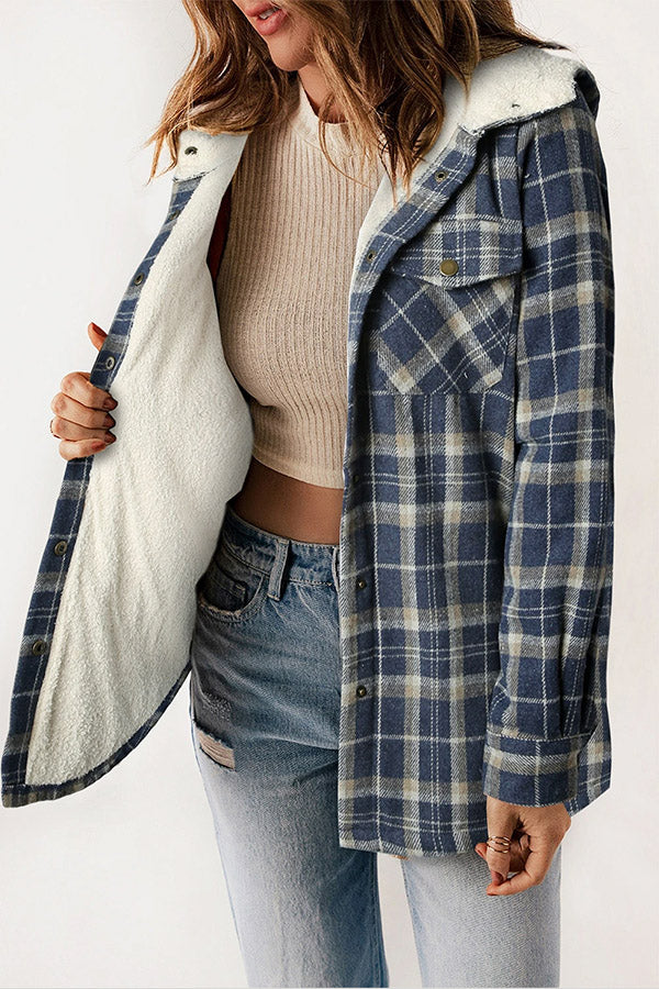 Agustina® | Snap Button Sherpa Lined Hooded Flannel Jacket