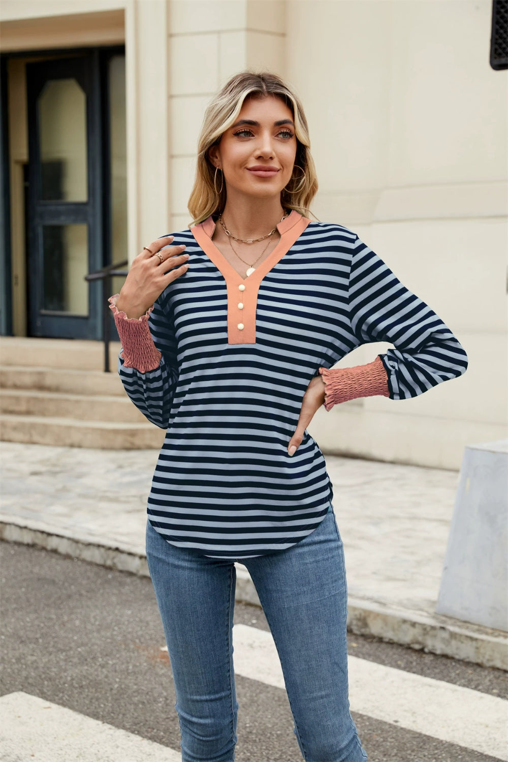 Elena® | Contrast striped long sleeve top with notches