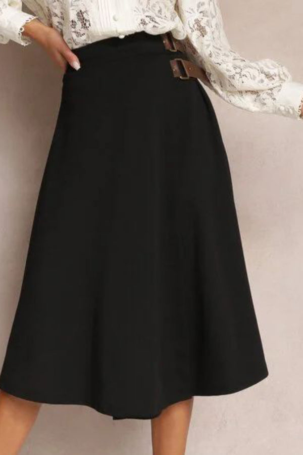 Angelica® | Solid color fashion skirt with leather stitching, elegant and artistic retro skirt for women
